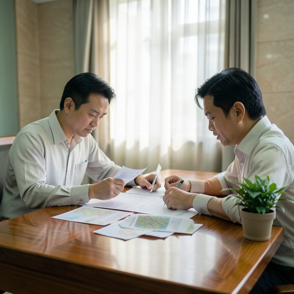 Analysts reviewing printed trade tables and port notes in a bright Ho Chi Minh City workspace