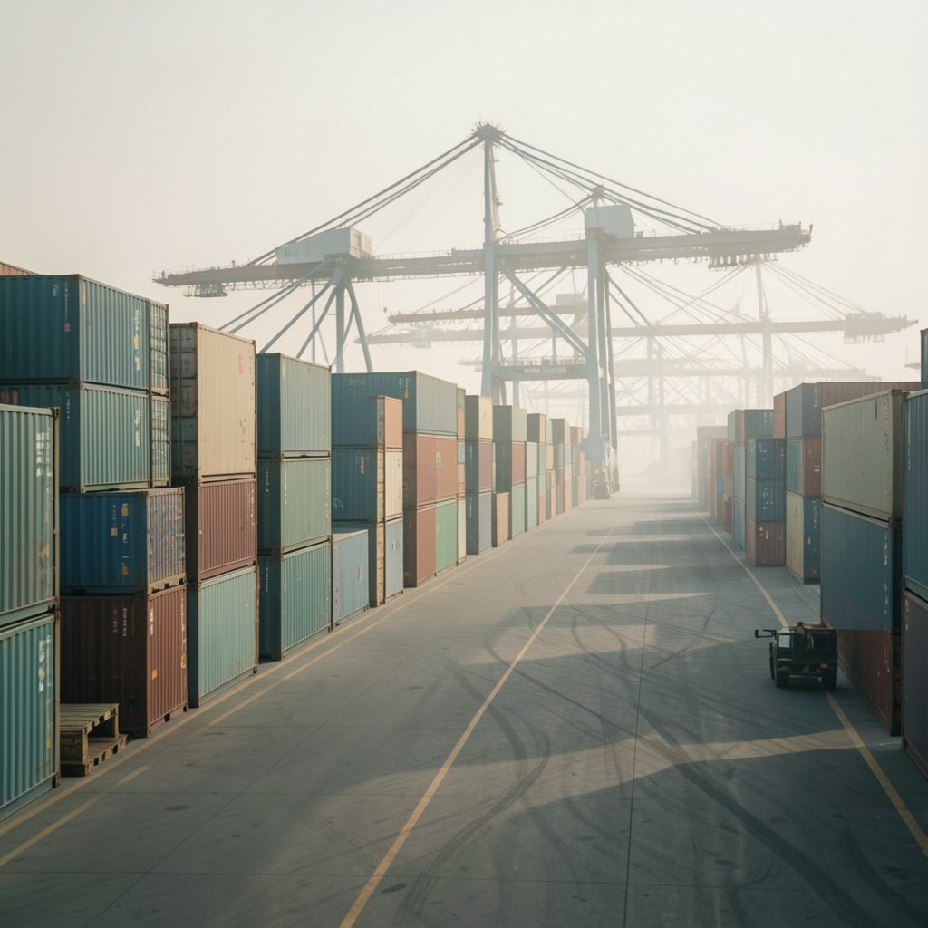 Quiet morning light over container stacks at a Vietnamese port corridor used for consumer goods imports