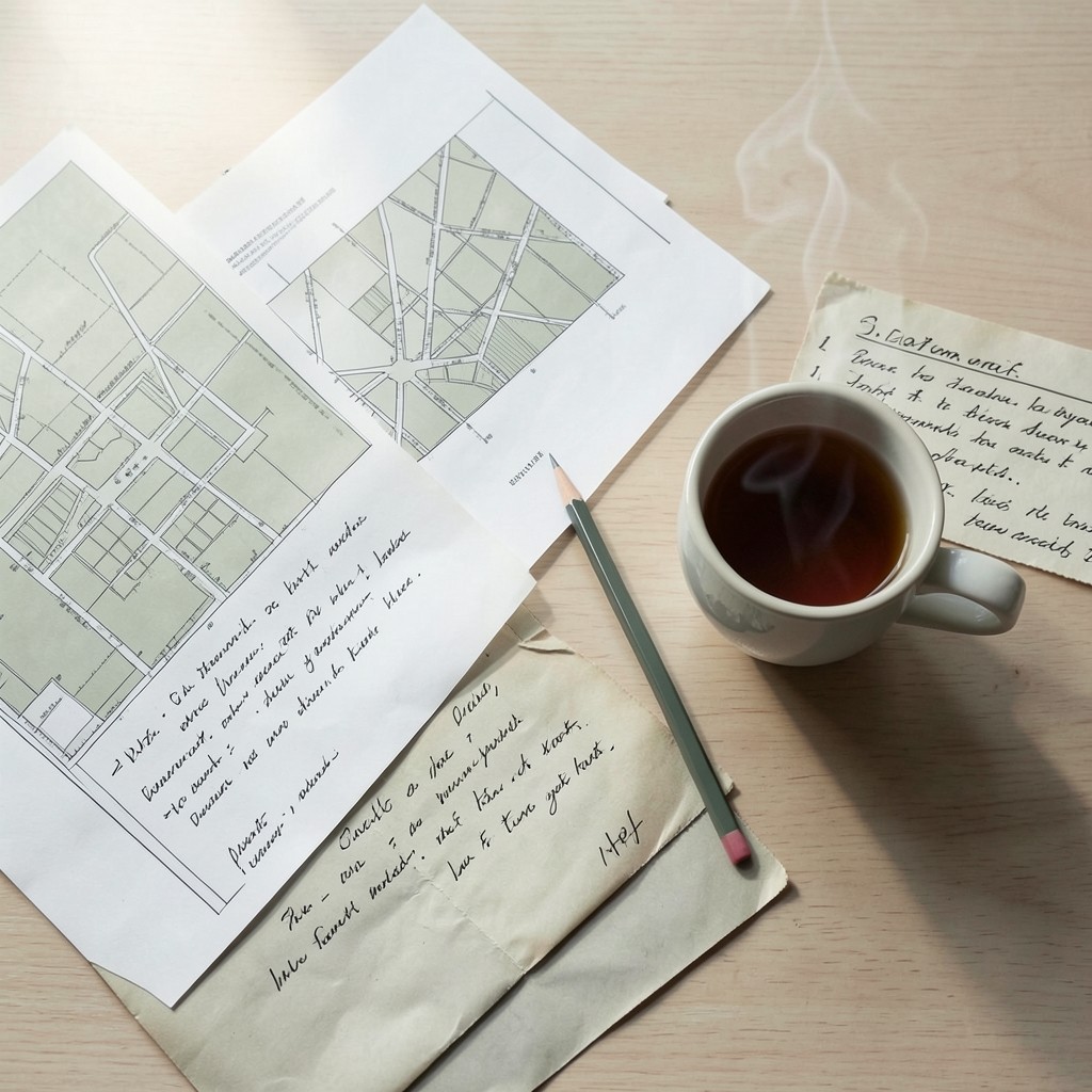 Printed corridor maps and handwritten shipment notes arranged on a wooden table